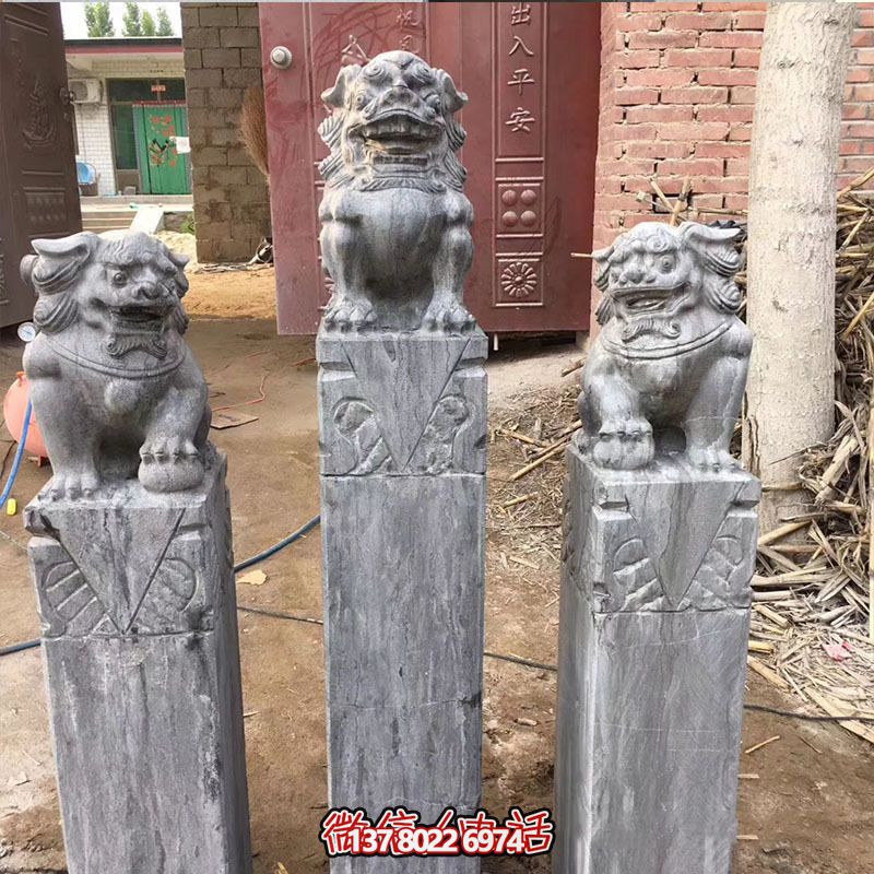 經典仿古石獅子拴馬柱擺件，點綴園林