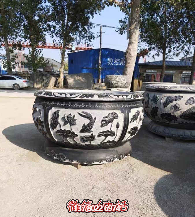 古典仿古石雕魚缸，添點家園庭院荷花水景