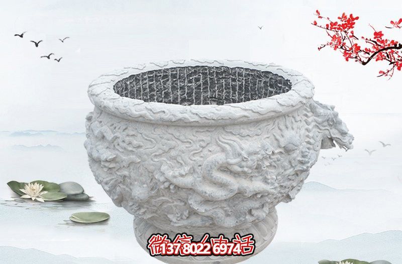漢白玉石雕龍浮雕水缸雕塑，為庭院增添優雅氣息